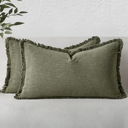 MIULEE Boho Linen Decorative Lumbar Throw Pillow Covers Olive Green 12x20 | Set by MIULEE