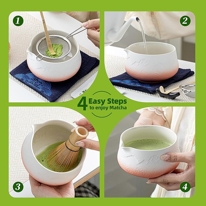 TEANAGOO 7 Pcs Matcha Whisk Set,Pink Matcha Set, Matcha Kit for Ceremony, Matcha Tea Set for Making Breakfast/Latte, Matcha Whisk and Pink Bowl with Scoop&Sifter, Gift for Matcha Lover