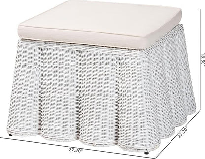 Bali & pari Palm Bohemian White Scallop Rattan Ottoman - Image 3