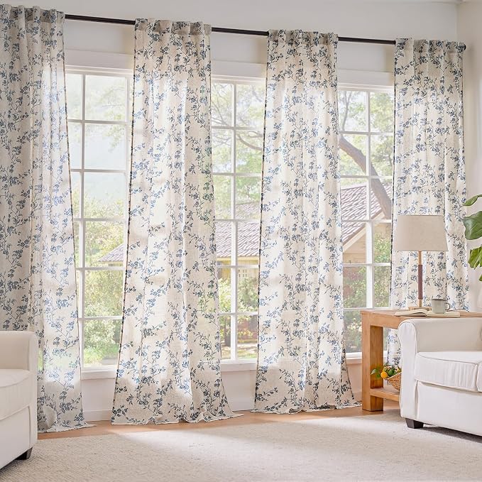 Blue Vintage Floral Linen Curtains Farmhouse 38W X 90L 2 Panels | Elisa Series - Image 7