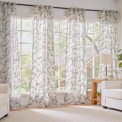 Blue Vintage Floral Linen Curtains Farmhouse 38W X 90L 2 Panels | Elisa Series - Image 7