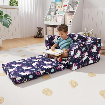 MeMoreCool Kids Folding Couch – Purple Unicorn Toddler Chair, Fold-Out 2-in-1 - Image 2