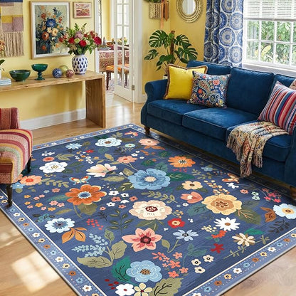 RELEANY Floral Washable 9x12 Area Rugs Blue/Grey | Flower Carpet Print Boho - Image 7