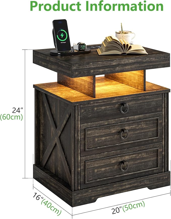 HNEBC Night Stand Set 2 with Gun Drawers, Farmhouse Nightstand with Charging - Image 3