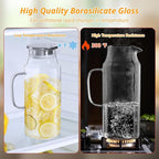 2 Liter 68 oz Glass Pitcher with Lid and Spout, Glass Water Pitcher for Fridge, Glass Carafe for Hot/Cold Water, Large Jug for Iced Tea, Coffee, Juice and Homemade Beverage
