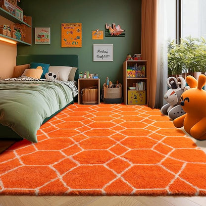 Area Rugs for Living Room, 5x8 Fluffy Orange and White Bedroom Trellis Rug | - Image 7
