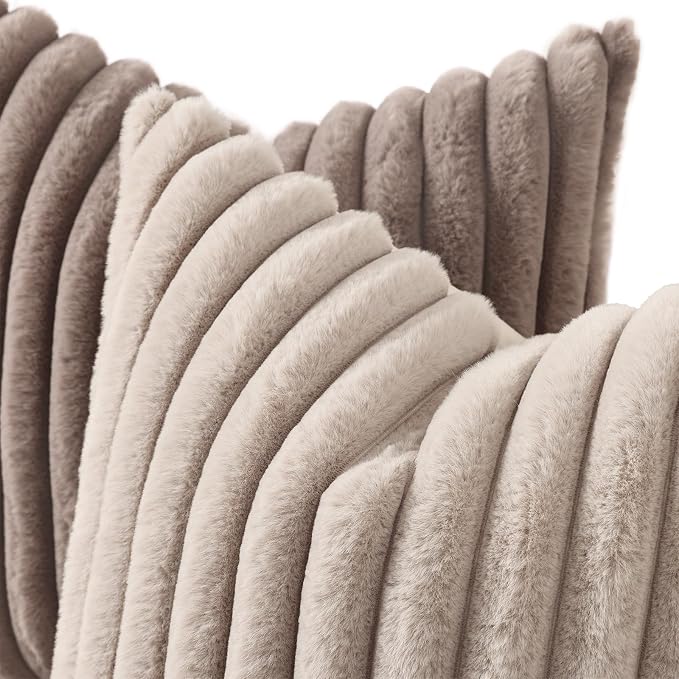 decorUhome Fall Faux Fur Throw Pillow Covers 12x20 Set of 2 Light Coffee | - Image 2