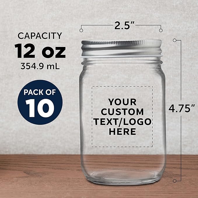 DISCOUNT PROMOS 10 Decorating Mason Jars Set, 12 oz. - Customizable Text, Logo - Canning, Aluminum Lid - Clear