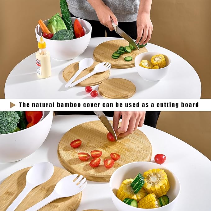Large Salad Bowls with Bamboo Lids Set of 3, Mixing Nesting Bowls Round Serving Bowls with Servers for Salads, Kitchen Eating, Pastas, Popcorn, Chips, Trifle, Fruit, Food Prepare (White,10",8",6" )