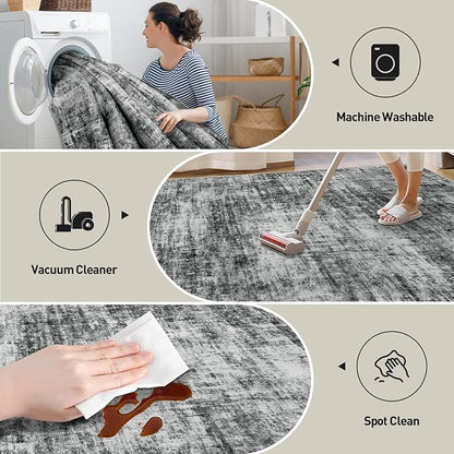 5x7 Area Rugs for Living Room: Washable Abstract Black Badroom Carpet | - Image 4