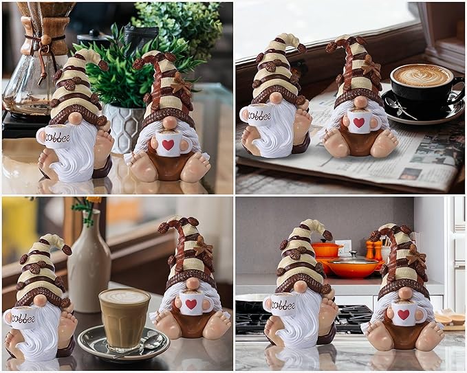 2PCS Coffee Gnomes Figurines Home Christmas Decoration Fall Gnomes Coffee Bar Accessories Decor Elfs Statue Cute Resin Housewarming Gifts for Women Tiered Tray Table Ornament,Sit 4.7H