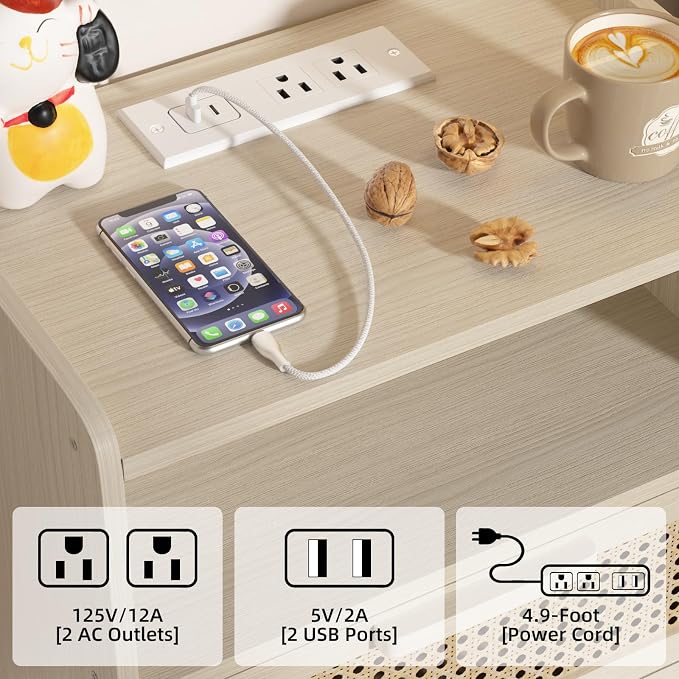 Lerliuo Rattan Nightstand with Charging Station, Side Table with Drawer Open - Image 7