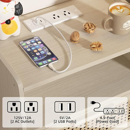 Lerliuo Rattan Nightstand with Charging Station, Side Table with Drawer Open - Image 7