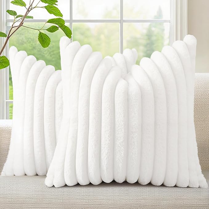 decorUhome Fall Faux Fur Throw Pillow Covers 22x22 Set of 2 White | Decorative by decorUhome