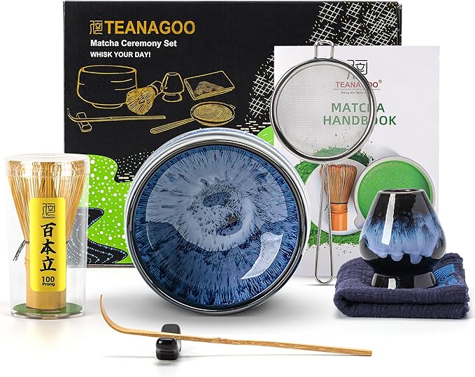TEANAGOO 7 Pcs Matcha Whisk Set, Matcha Set for Ceremony, Matcha Kit Junware-Blue, Matcha Tea Set for Making Breakfast/Latte, Matcha Whisk Gift Set and Bowl with All Accessories