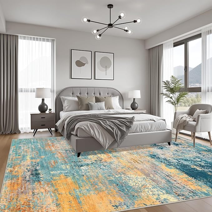 9x12 Area Rug Living Room: Modern Washable Soft Carpet Rosy Haze | - Image 3