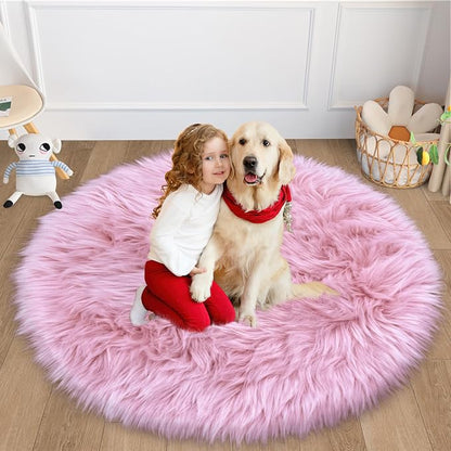 4 Ft Fluffy Round Pink Rugs for Bedroom Girls, Plush Faux Sheepskin Fur Rug for by TENNOLA