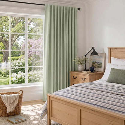 Faux Linen Total Blackout Sliding Door Curtains 90 Inches Long, Sage Green | - Image 6