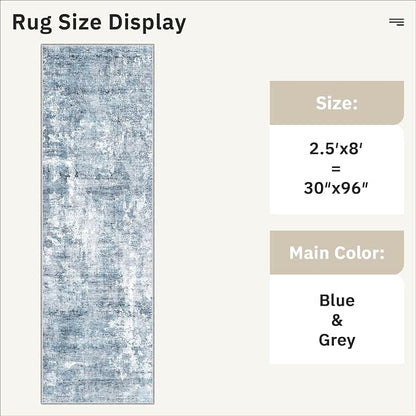 Soalmost Runner Rug 2'6"x8' Kitchen Hallway Runners Abstract Blue/Grey | - Image 5