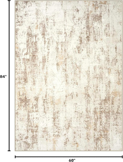 5x7 Area Rugs for Living Room: Washable Abstract Beige Grey Badroom Carpet | - Image 2