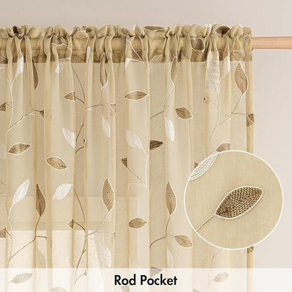 MIULEE Beige Sheer Curtains 2 Panels Embroidered Leaf Patterned, W30 x L24 | - Image 6