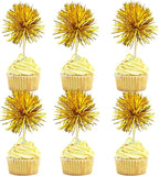 Gyufise 30Pcs Foil Firework Cupcake Toppers Sparkle Tinsel Cake Toppers Tinsel Drink Cake Decoration Cocktail Picks for Birthday Wedding Graduation Party Supplies Dark Gold