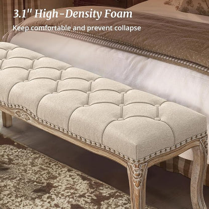 Cozyman Bedroom Bench, French Vintage Tufted Entryway 52.5" Carving Upholstered - Image 5
