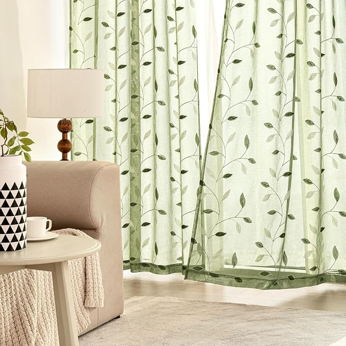 MIULEE Sage Green Sheer Curtains 2 Panels Leaf Patterned, W52 x L84 | - Image 3