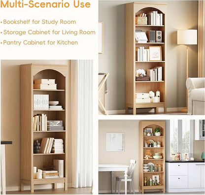 Arched Set of 2 Bookshelf with 5 Tier Open Shelves, Living Room, Natural Oak - Image 5