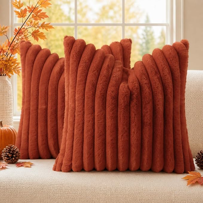 decorUhome Fall Faux Fur Throw Pillow Covers 18x18 Set of 2 Rust | Decorative by decorUhome