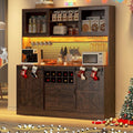74" Tall 63" Wide Large Coffee Bar Cabinet w/Outlet,6000-color LED Light,Pegboard,Farmhouse Hutch Cabinet w/Barn Door,2 Big Drawers,Adjustable Shelves,10 Wine & Glasses Rack,5 Hook for Kitchen,Brown