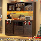 74" Tall 63" Wide Large Coffee Bar Cabinet w/Outlet,6000-color LED Light,Pegboard,Farmhouse Hutch Cabinet w/Barn Door,2 Big Drawers,Adjustable Shelves,10 Wine & Glasses Rack,5 Hook for Kitchen,Brown
