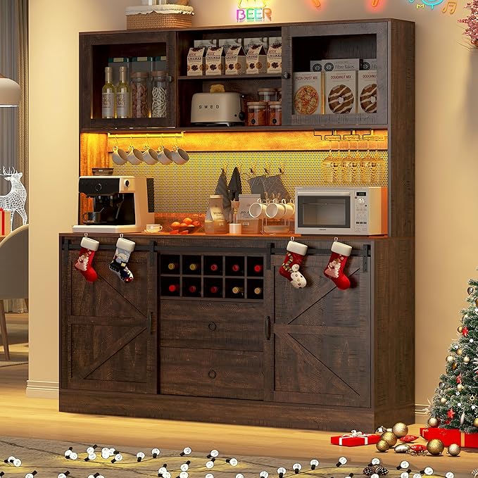 74" Tall 63" Wide Large Coffee Bar Cabinet w/Outlet,6000-color LED Light,Pegboard,Farmhouse Hutch Cabinet w/Barn Door,2 Big Drawers,Adjustable Shelves,10 Wine & Glasses Rack,5 Hook for Kitchen,Brown