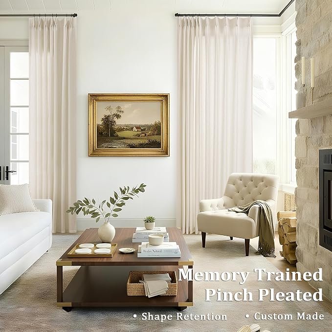 Cream Beige Pinch Pleated Linen Curtains 84 Inches Long Semi Sheer | Light - Image 2