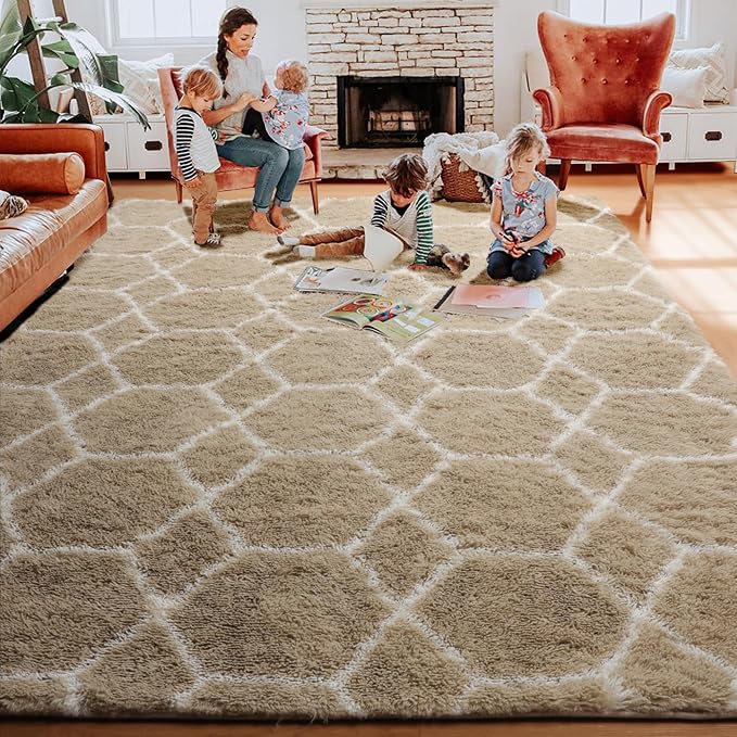 7x9 Area Rugs for Living Room Bedroom, Fluffy Beige and White Geometric Rug | - Image 7