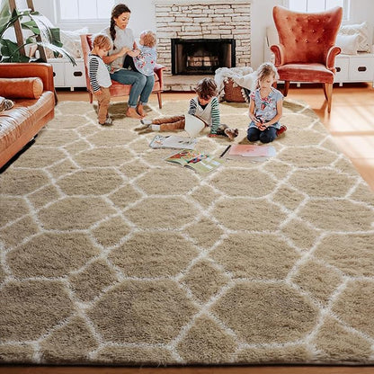 Area Rugs for Bedroom Living Room, 4x6 Fluffy Beige and White Geometric Rug | - Image 9