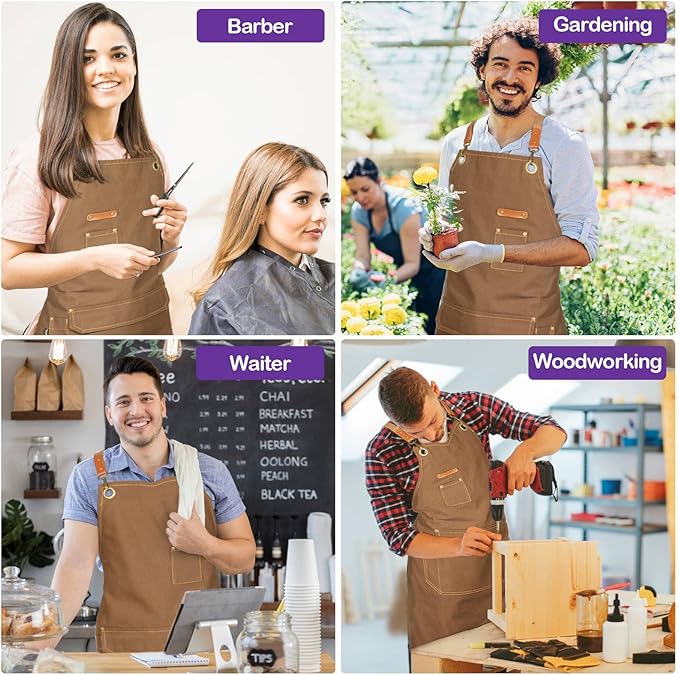 Chef Apron for Men Women with Gift Box Pack, Cross Back Apron with Pockets for Kitchen Cooking Baking Artist Painting, Cotton Canvas Work Aprons for Shop, Garden, Restaurant, Cafe (Brown, M to XXL)