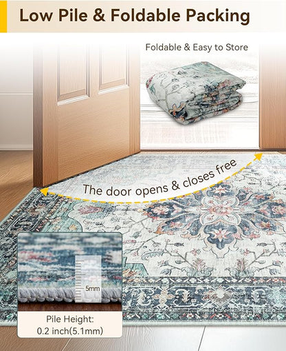 RELEANY Washable Area Rug, Runner 2'x5', Teal Green/White/Navy | Non-Slip - Image 6