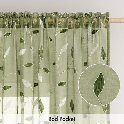 MIULEE Sage Green Sheer Curtains 2 Panels Leaf Patterned, W30 x L30 | - Image 6