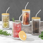 15 Oz Glass Cups with Lid and Straw, Iced Coffee Cups with Lid, Vintage Glassware for Whiskey Cocktail Beer (4 PACK)