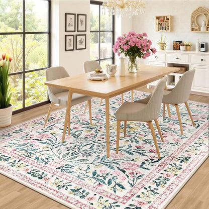PLHXFR 8x10 Area Rug Living Room: Floral Washable Boho Carpet Pink Green | - Image 4