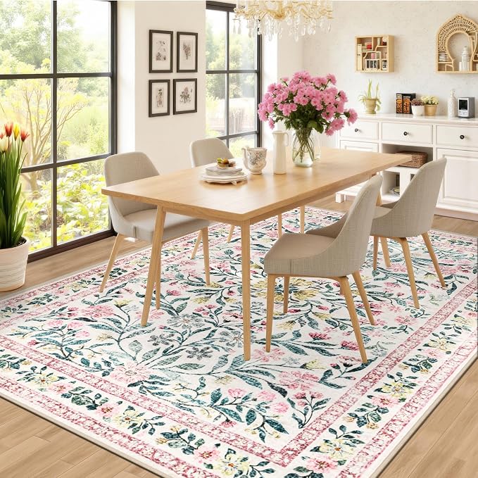PLHXFR Area Rug 9x12 Living Room: Floral Washable Boho Carpet Pink Green | - Image 4