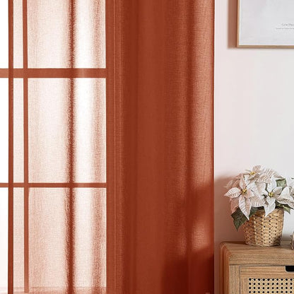 MIULEE Boho Fall Terracotta Linen Textured Sheer Curtains 42W×45L Kitchen | - Image 7