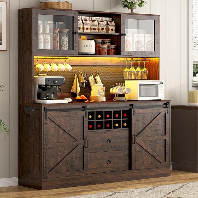 74" Tall 63" Wide Large Coffee Bar Cabinet w/Outlet,6000-color LED Light,Pegboard,Farmhouse Hutch Cabinet w/Barn Door,2 Big Drawers,Adjustable Shelves,10 Wine & Glasses Rack,5 Hook for Kitchen,Brown
