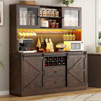 74" Tall 63" Wide Large Coffee Bar Cabinet w/Outlet,6000-color LED Light,Pegboard,Farmhouse Hutch Cabinet w/Barn Door,2 Big Drawers,Adjustable Shelves,10 Wine & Glasses Rack,5 Hook for Kitchen,Brown