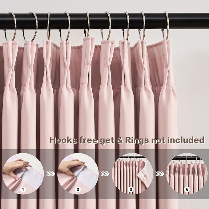 Pinch Pleated Pink Blackout Curtains 63 Inches Long, Sound & Light Reducing - Image 2