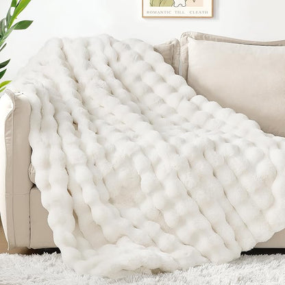 Luxury 1000GSM Rabbit Faux Fur Twin Blanket, Super Heavy Warm Cozy Beige Cream - Image 6