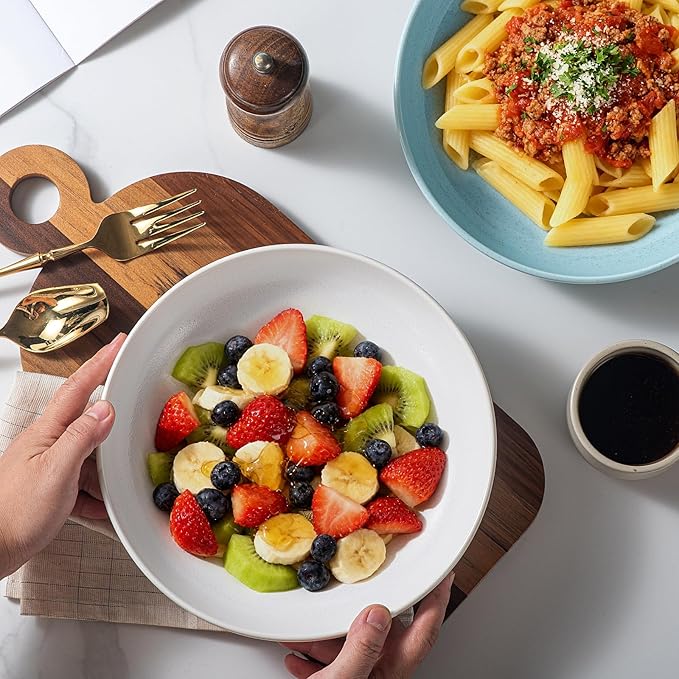 HAPPY KIT Stoneware 9'' Pasta Bowls, 42 Oz Large Salad Bowls Set of 4, Serving Bowls Perfect for Dessert, Soup, Fruit, Noodle, Granite White