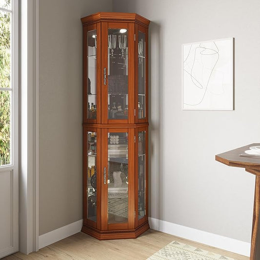 BELLEZE Lighted 3-Side Glass Display Curio Cabinet w/Tempered Glass Doors and by BELLEZE