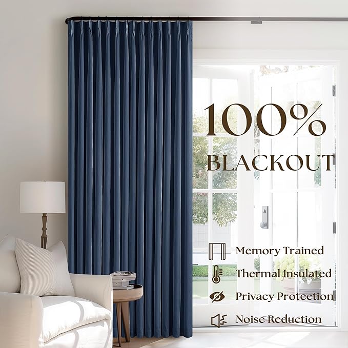 Navy Blue 100% Blackout Pinch Pleated Linen 63 Inch Curtains - Image 3